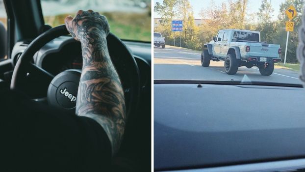 Man driving jeep (l) jeep on the highway (r)