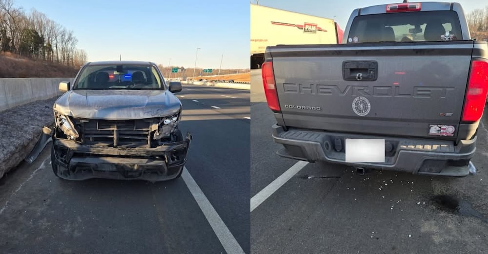 Gray Chevrolet Colorado with bumper caved in and grill gone.