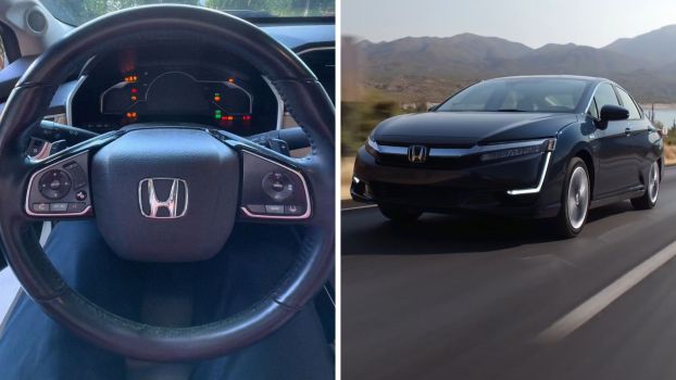 Man shows car features (l) 2018 honda clarity (r)