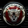 The cat face and logo on a Jaguar luxury car