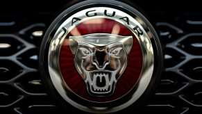 The cat face and logo on a Jaguar luxury car