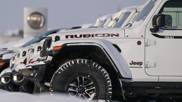 White Jeep Wranglers lined up in the snow at a dealership, a sign visible in the background.