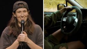 Female comedian (l) interior of a Subaru (r)