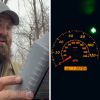Man reading oil change manual (l) car dashboard showing mileage (r)