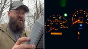 Man reading oil change manual (l) car dashboard showing mileage (r)