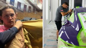 Man shares car paint job (l) man painting car (r)