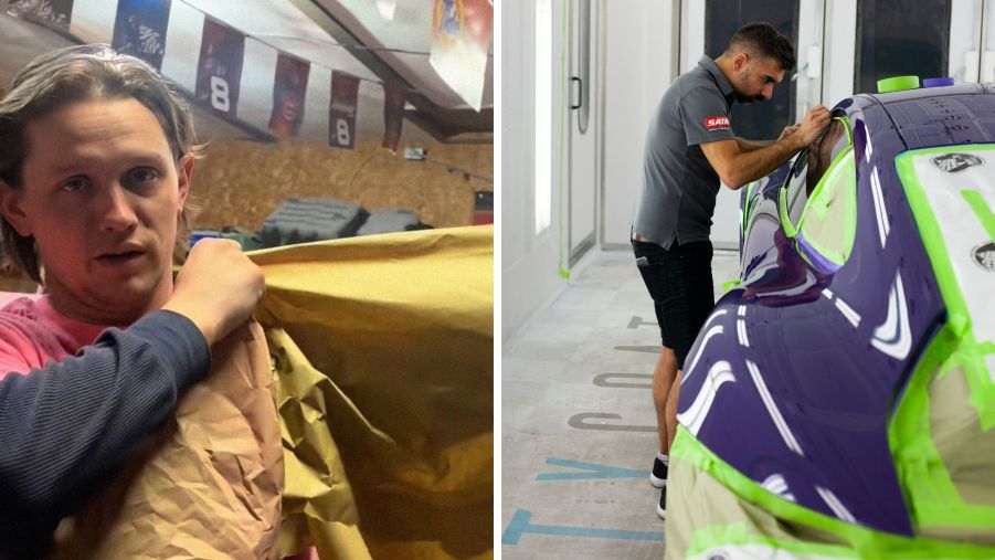 Man shares car paint job (l) man painting car (r)