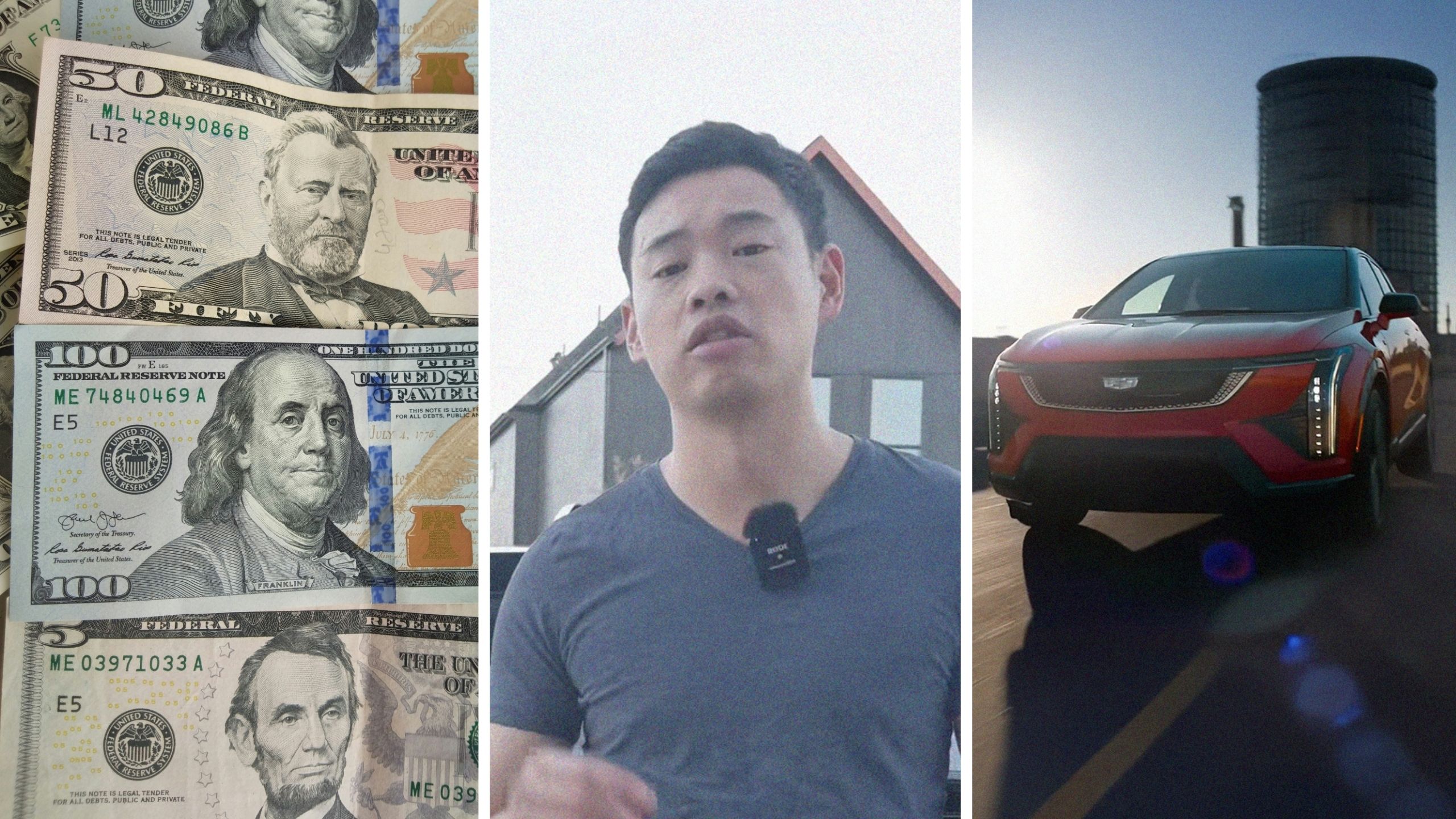 Monthly cash payments (l) man shares car tips (c) cadillac optiq (r)