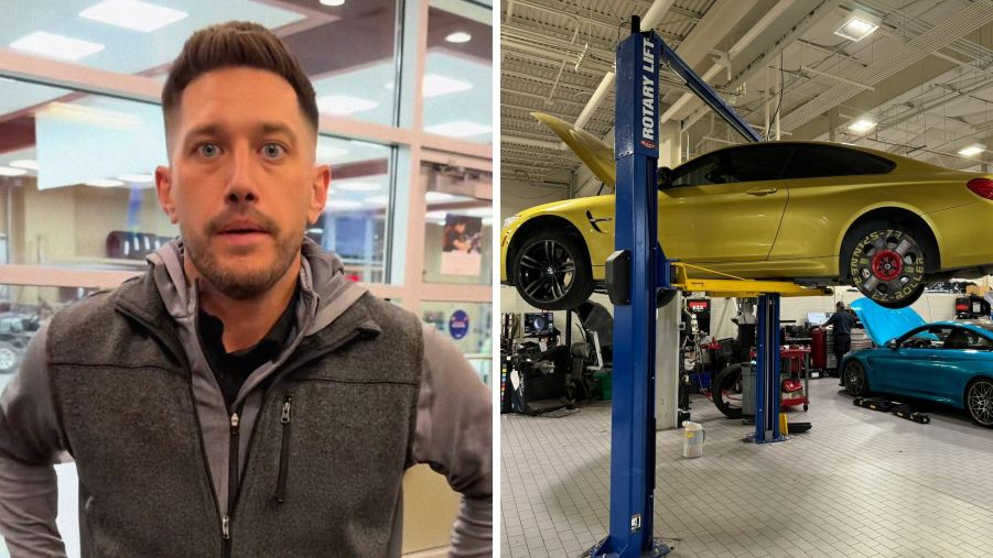 Man takes car to dealership (l) Car getting a multi-point inspection (r)