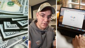 Saving cash (l) man shares online shopping hacks (c) man googling hack (r)