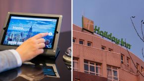 Man checking into hotel (l) Holiday Inn front view (r)
