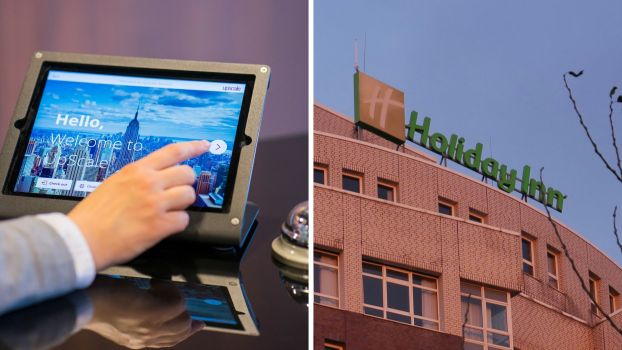 Man checking into hotel (l) Holiday Inn front view (r)