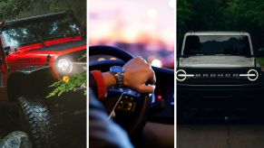 Jeep wrangler (l) man shares concern about car (c) bronco with lights on (r)