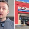 Man shares purchase issue (l) Harbor Freight storefront (r)