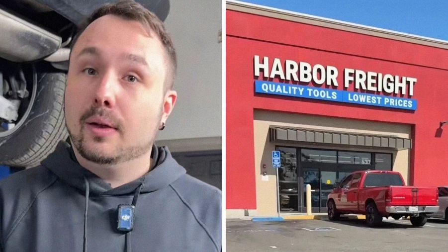 Man shares purchase issue (l) Harbor Freight storefront (r)