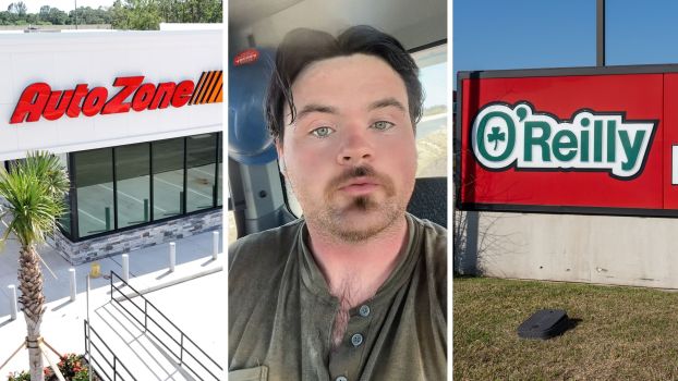 Autozone storefront (l) man shares parts shopping issue (c) O’Reilly’s store entrance (r)