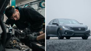 Mechanic Opens Hood Of Honda (l) Honda Accord (r)