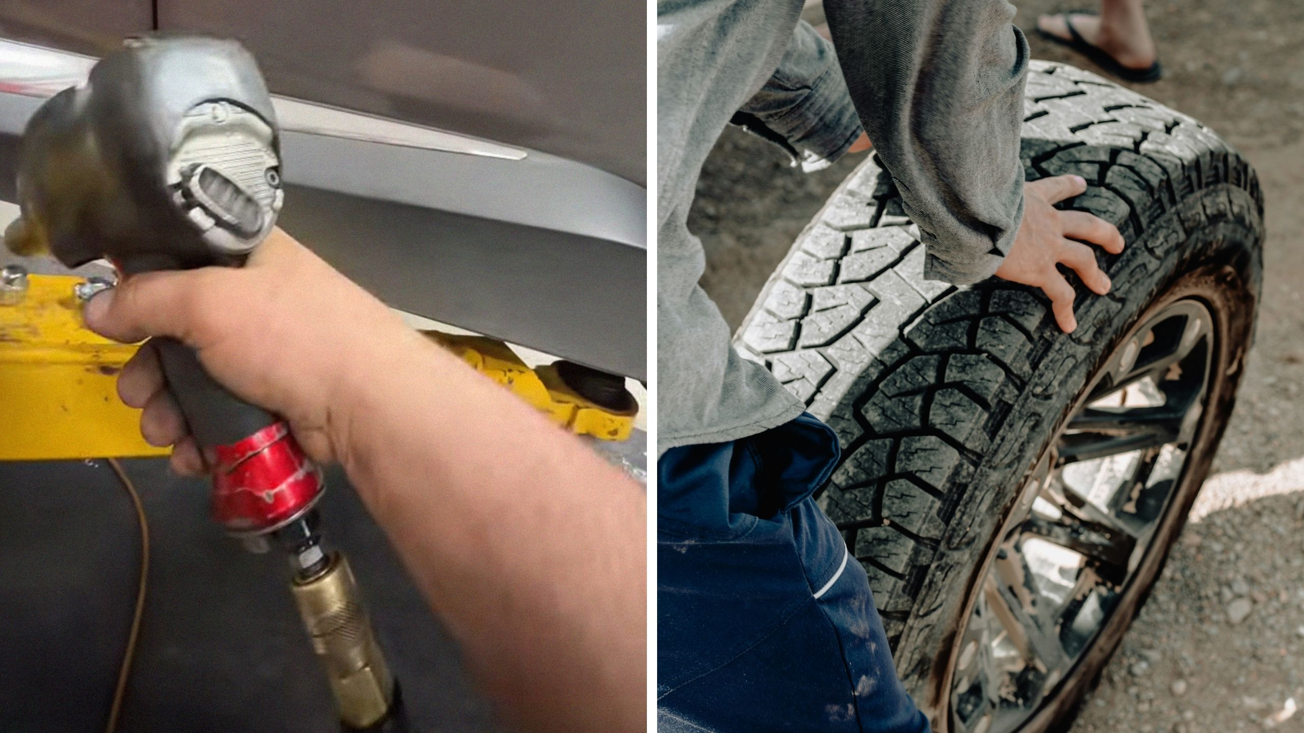 Mechanic using his tool to remove car tire (l) mechanic removes car tire (r)