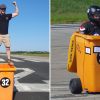 Mike Wallhead stands atop his yellow trash can on a race track (left) and races it with a helmet (right)