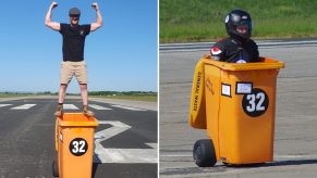 Mike Wallhead stands atop his yellow trash can on a race track (left) and races it with a helmet (right)