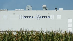The Stellantis logo on the side of a building in Poland