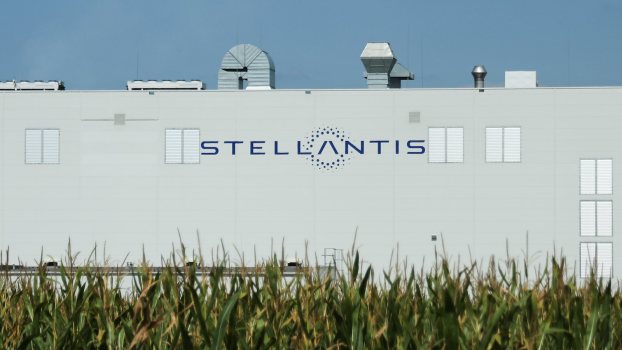 The Stellantis logo on the side of a building in Poland