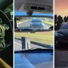Volkswagen Bug driver (l) car being tailgated (c) Tesla on the road (r)