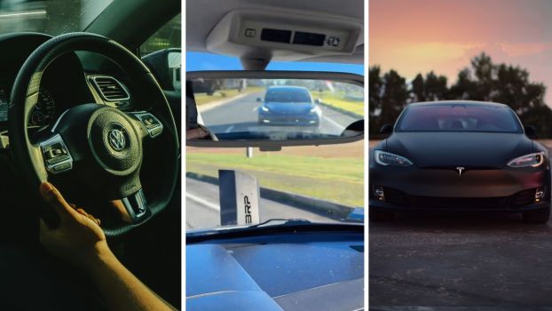 Volkswagen Bug driver (l) car being tailgated (c) Tesla on the road (r)