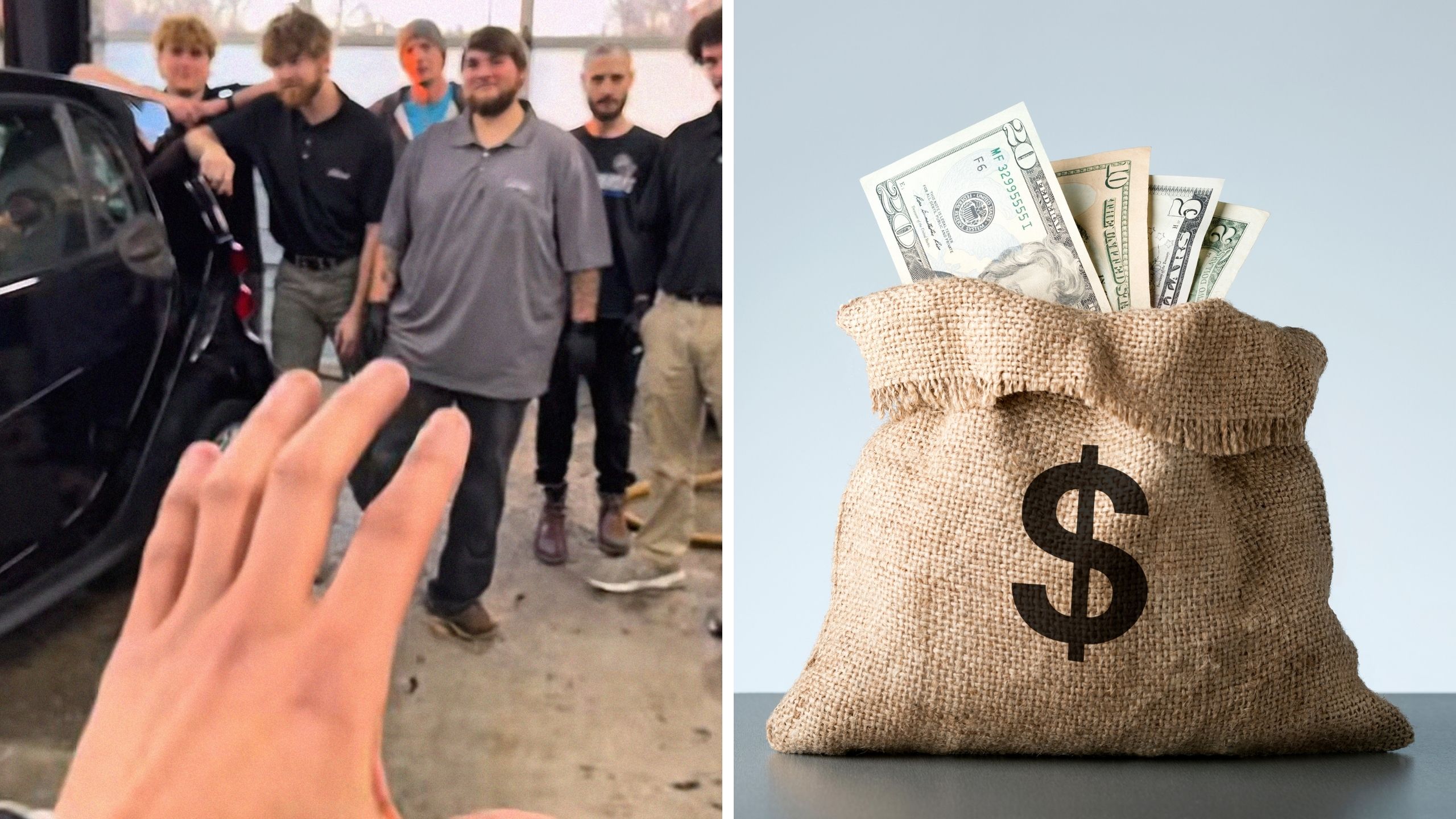 Man brings in 7 mechanics (l) bag of money (r)