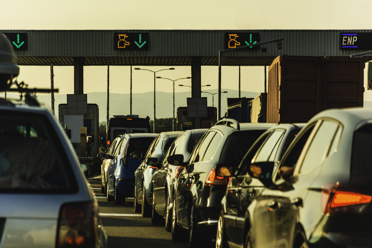 Cars in traffic at toll booths