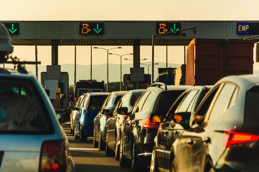 Cars in traffic at toll booths