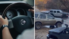 Person driving a nissan (l) Jeep and nissan in river (r)
