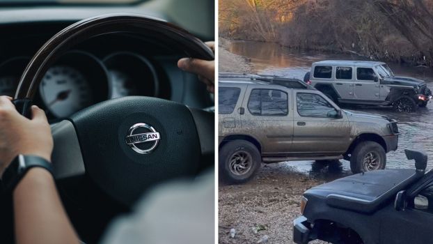 Person driving a nissan (l) Jeep and nissan in river (r)