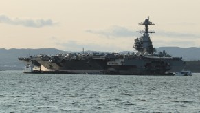 The USS Gerald R. Ford aircraft carrier in the ocean