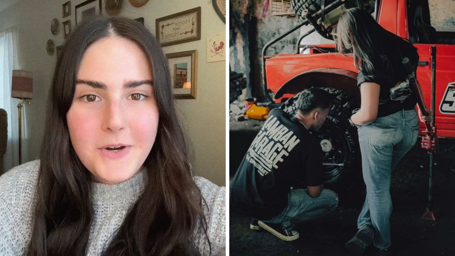 Woman shares perks of dating a mechanic (l) mechanic fixing his girlfriends car (r)