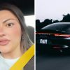 Woman shows car interior (l) Porsche on the road (r)