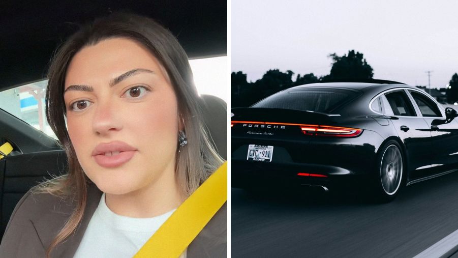 Woman shows car interior (l) Porsche on the road (r)
