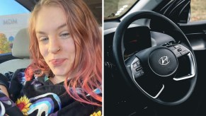 Woman with pink hair sitting inside of car smiling(l) Close up of hyundai emblem on steering wheel(r)