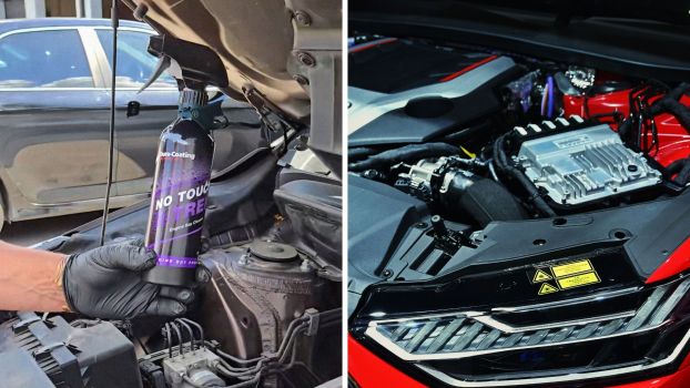 Mechanic shows how to clean engine bay (l) clean engine (r)