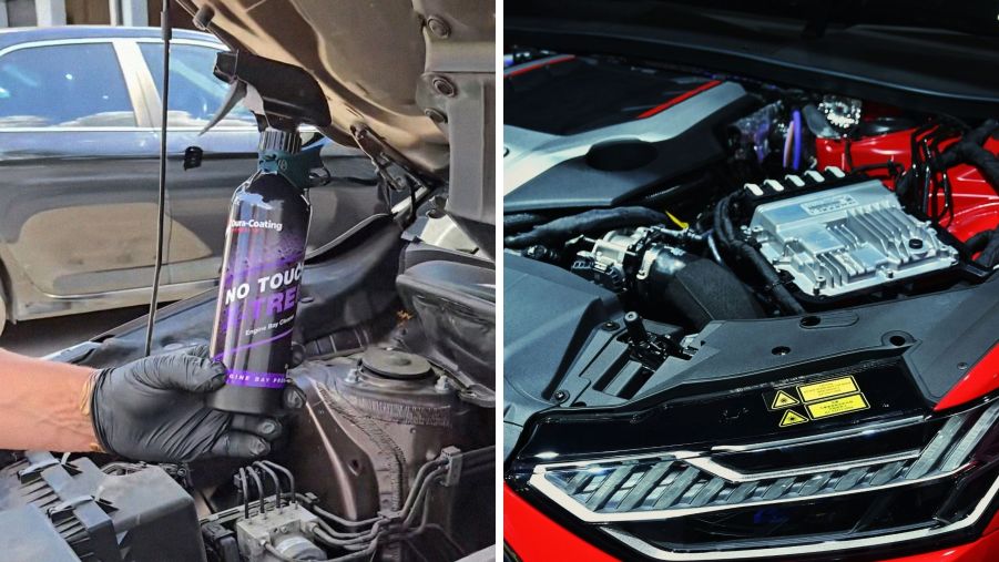Mechanic shows how to clean engine bay (l) clean engine (r)