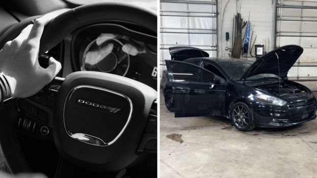 Man in dodge dart (l) Dodge Dart outside view (r)