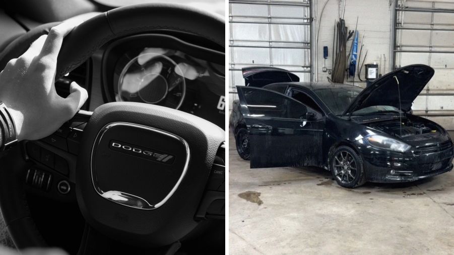 Man in dodge dart (l) Dodge Dart outside view (r)