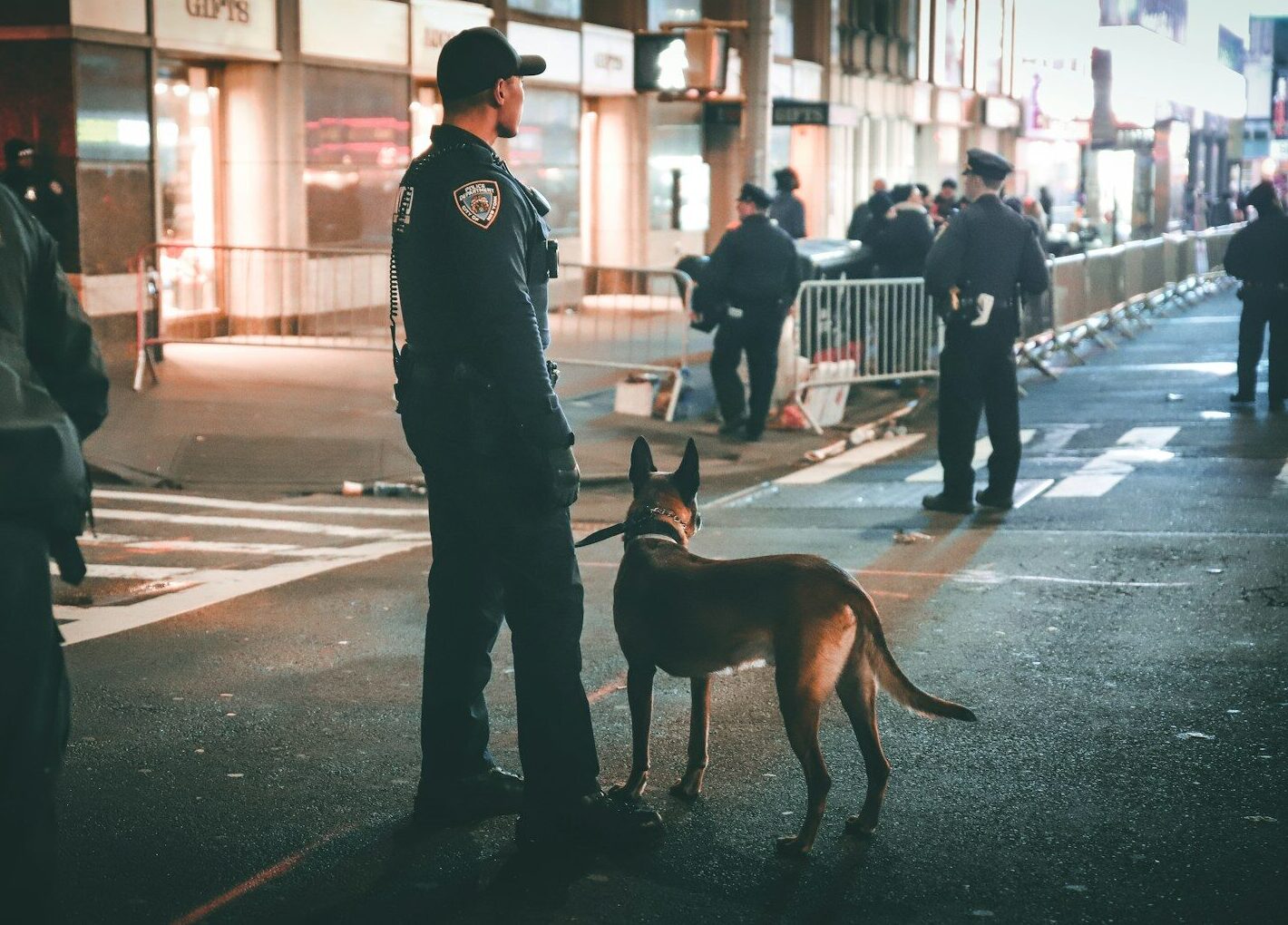 man in black jacket and pants walking with brown short coated dog on street during daytime. Police