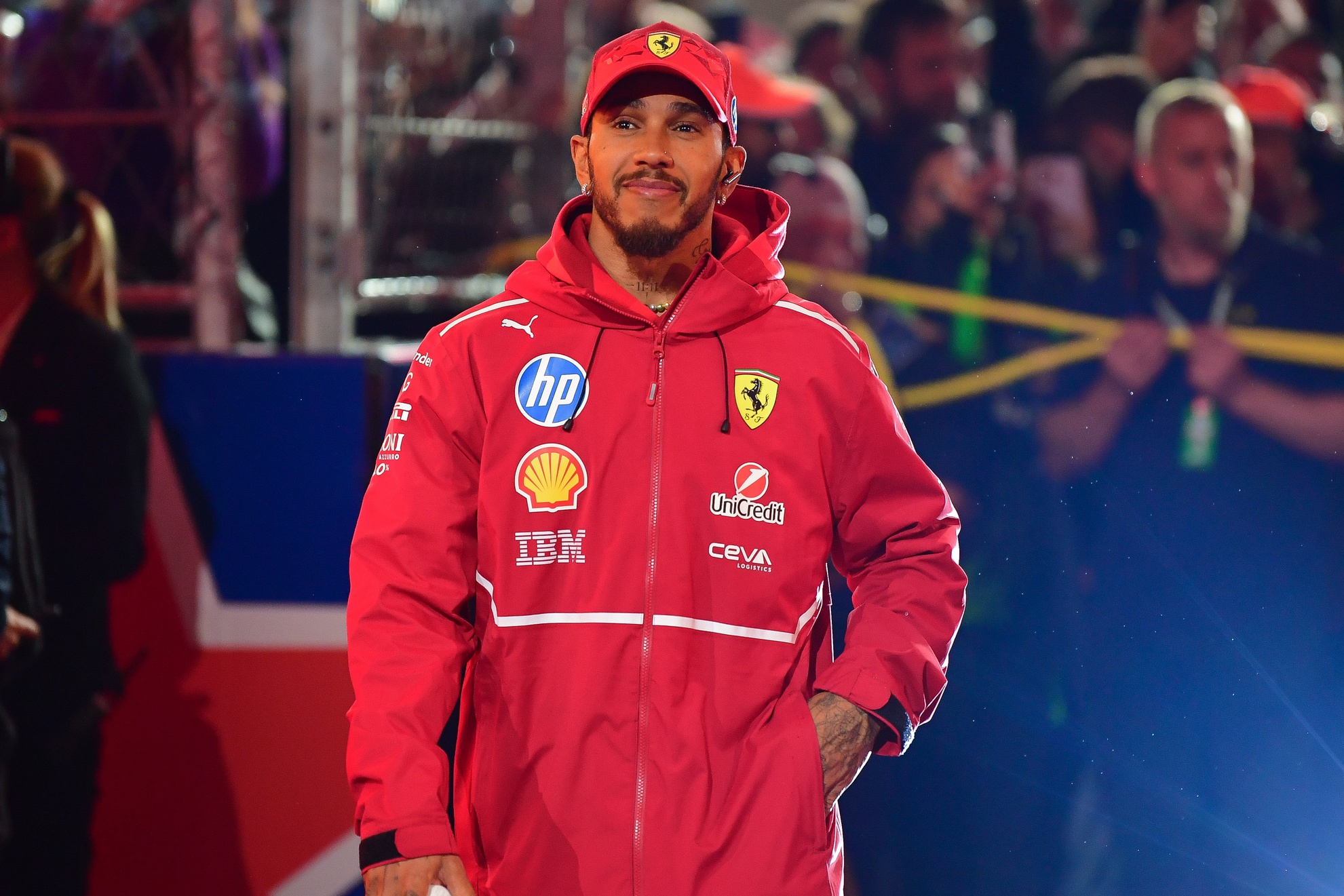 Nov 21, 2025; Las Vegas, NV, USA; Ferrari driver Lewis Hamilton (44) is introduced before the Las Vegas Grand Prix at Las Vegas Strip Circuit. Mandatory Credit: Gary A. Vasquez-Imagn Images