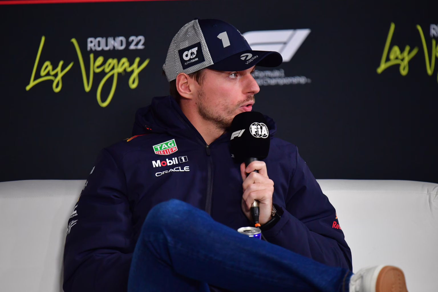Nov 19, 2025; Las Vegas, NV, USA; Red Bull Racing driver Max Verstappen (1) during media availabilities at Las Vegas Strip Circuit. Mandatory Credit: Gary A. Vasquez-Imagn Images