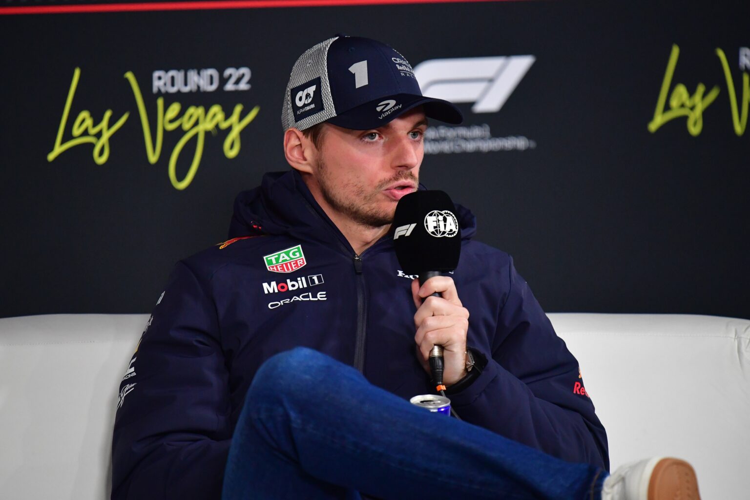 Nov 19, 2025; Las Vegas, NV, USA; Red Bull Racing driver Max Verstappen (1) during media availabilities at Las Vegas Strip Circuit. Mandatory Credit: Gary A. Vasquez-Imagn Images