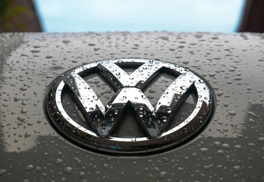 VW water dew on silver Volkswagen car emblem