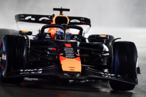 Nov 21, 2025; Las Vegas, NV, USA; Red Bull Racing driver Max Verstappen (1) during qualifying for the Las Vegas Grand Prix at Las Vegas Strip Circuit. Mandatory Credit: Gary A. Vasquez-Imagn Images