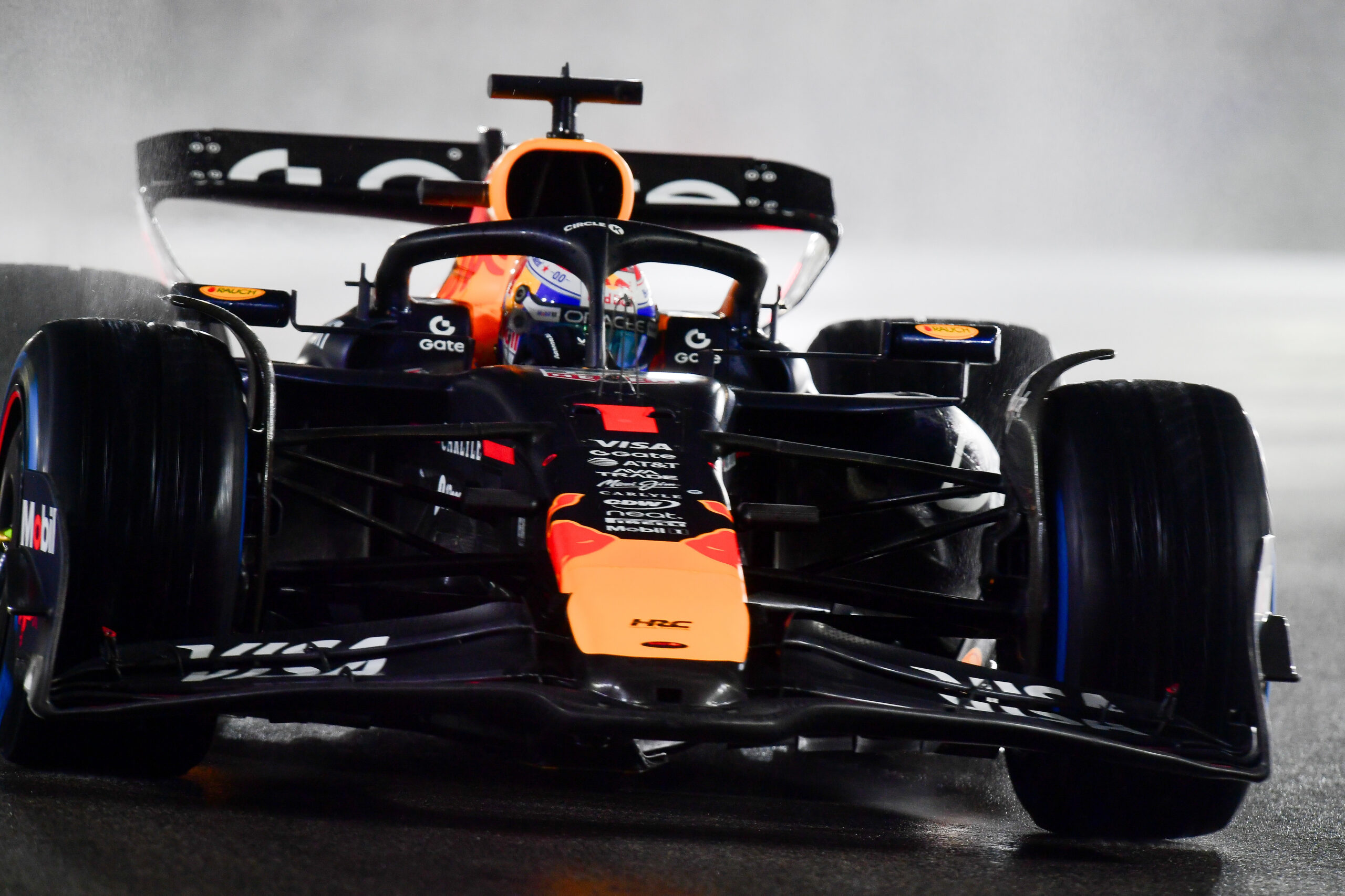 Nov 21, 2025; Las Vegas, NV, USA; Red Bull Racing driver Max Verstappen (1) during qualifying for the Las Vegas Grand Prix at Las Vegas Strip Circuit. Mandatory Credit: Gary A. Vasquez-Imagn Images