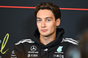 May 21, 2026; Montreal, Quebec, CANADA; Mercedes driver George Russell (63) looks on during a press conference at Circuit Gilles-Villeneuve. Mandatory Credit: David Kirouac-Imagn Images